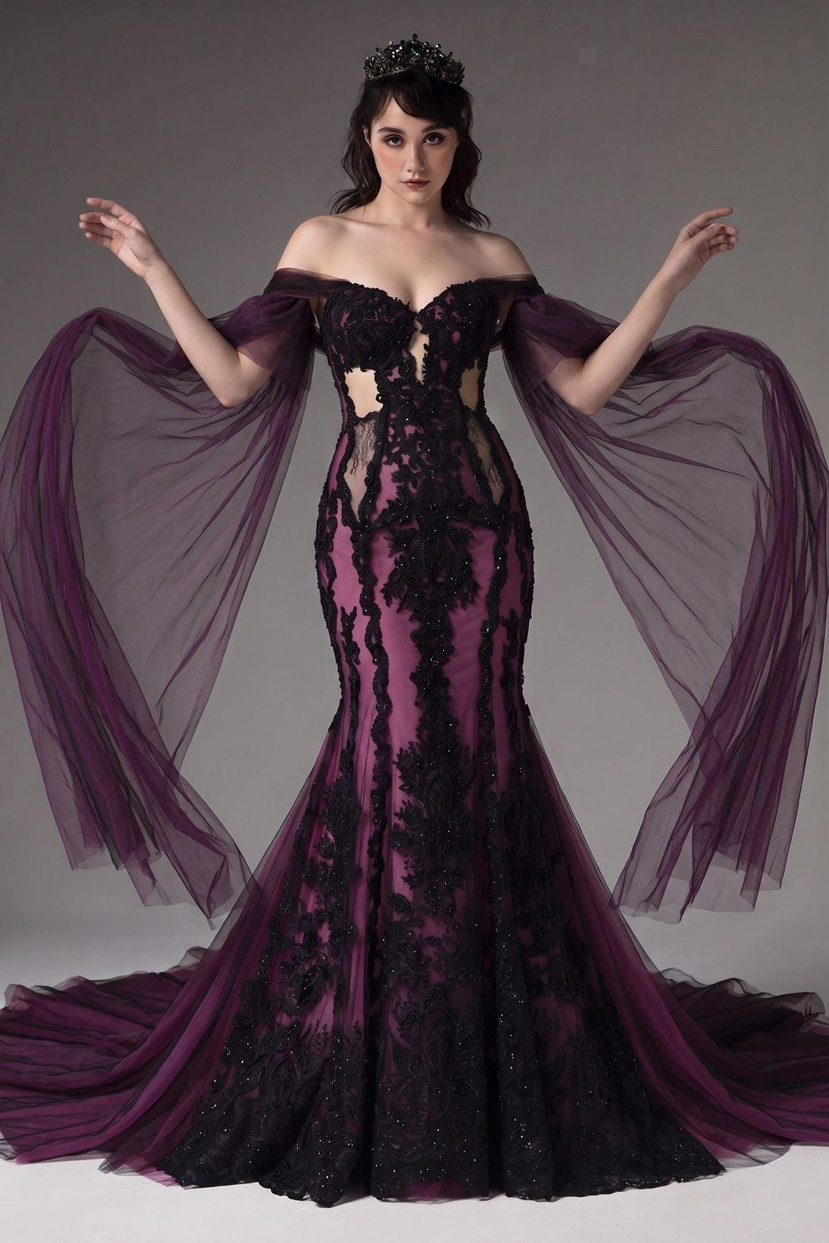 Trumpet-Mermaid Cathedral Train Lace Tulle Wedding Dress CW3223 - 45 Days / As Picture:Black/Amaranth / US0-UK2-EUR30 - COCOMELODY
